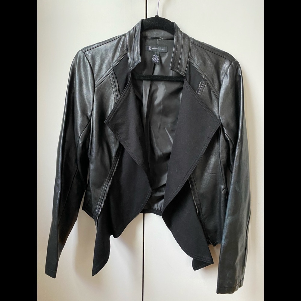 INC Black faux leather and knit jacket